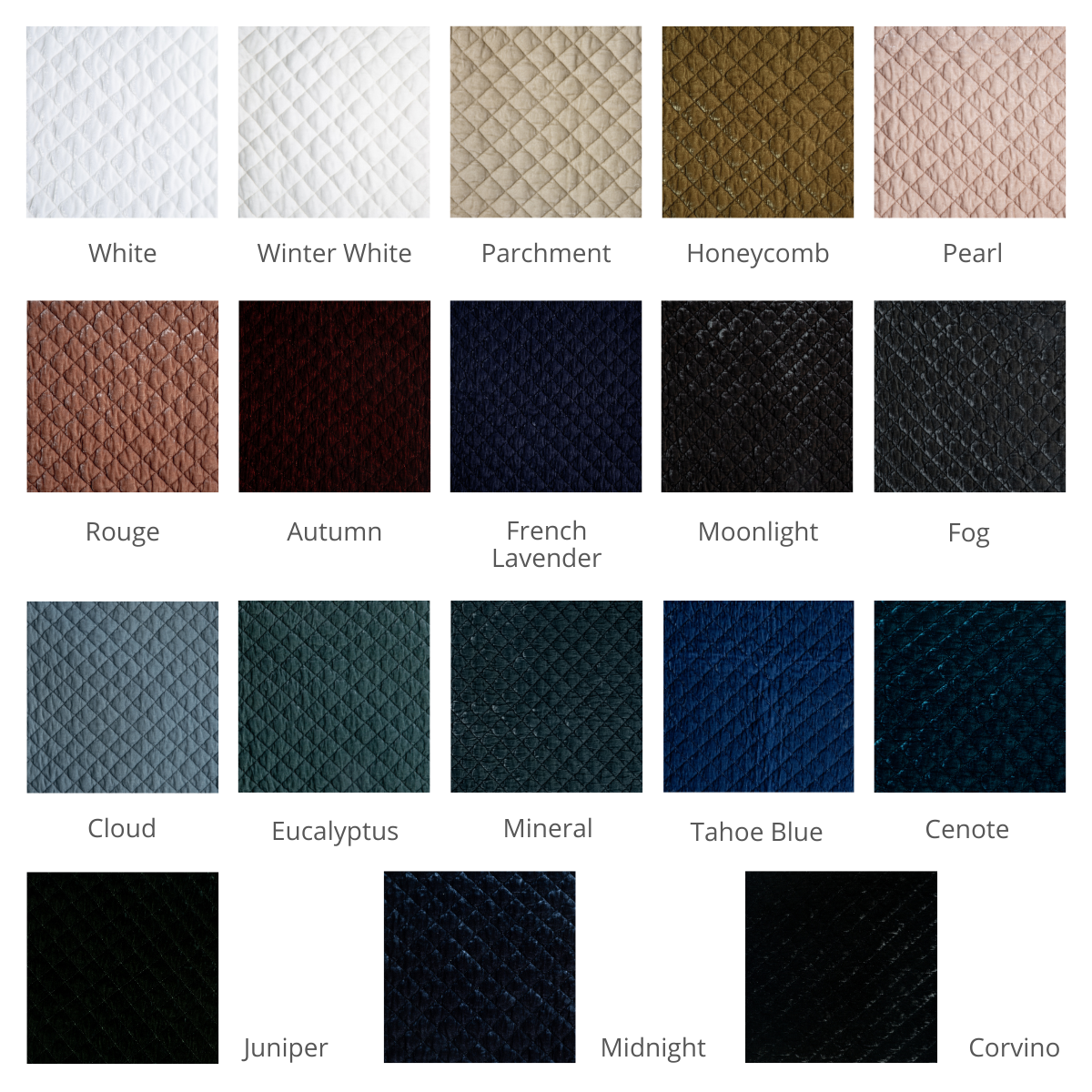 Silk Velvet Quilted Coverlet | A grid of quilted silk velvet fabric shown in our current colorway palette.