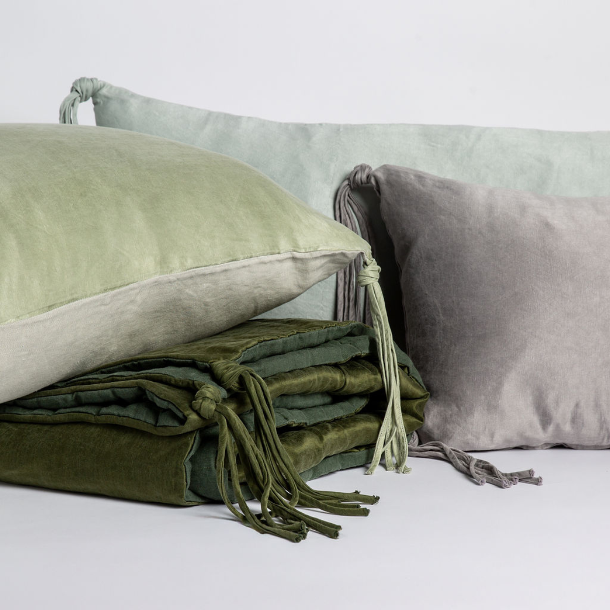 Taline Blanket | tasseled charmeuse throw pillows and blankets shown against a white background.