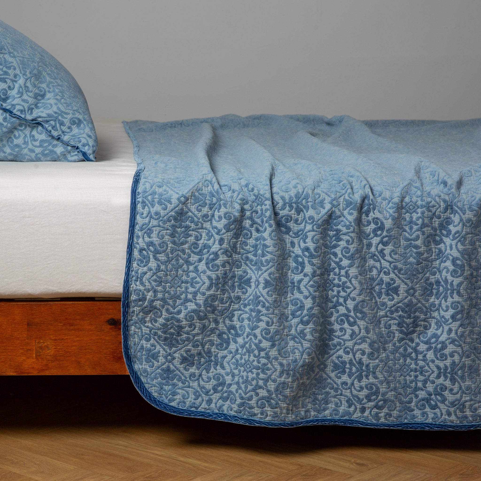 Vienna Twin Coverlet | Tahoe Blue | cotton chenille coverlet with matching sham - side view.