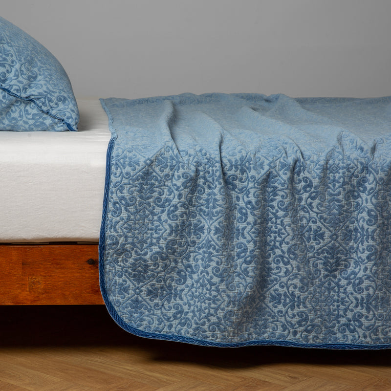 Vienna Coverlet | Tahoe Blue | cotton chenille coverlet with matching sham - side view.