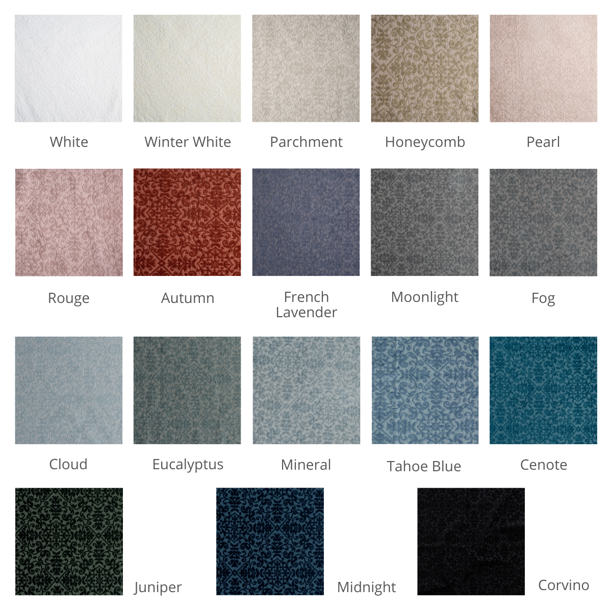 Vienna Twin Coverlet | A grid of patterned chenille jacquard fabric shown in our current colorway palette.