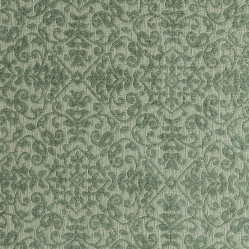 Vienna Coverlet | Desert Sage | a close-up shot of vienna fabric in desert sage, a serenely elegant green, offering a hushed hue.