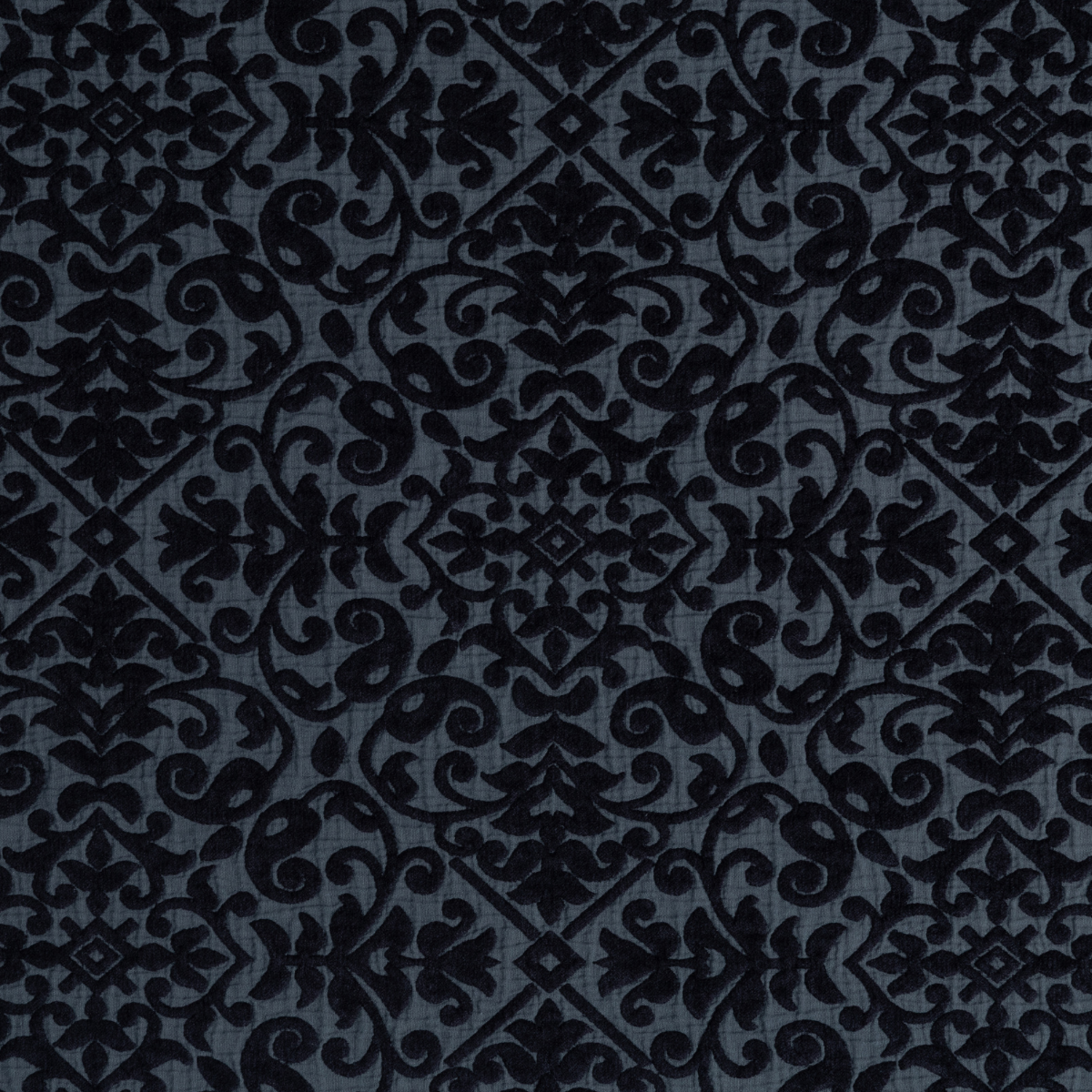 Vienna Coverlet | Slate | A closeup of Bella Notte's Vienna fabric in slate, a polished dusky dark blue.