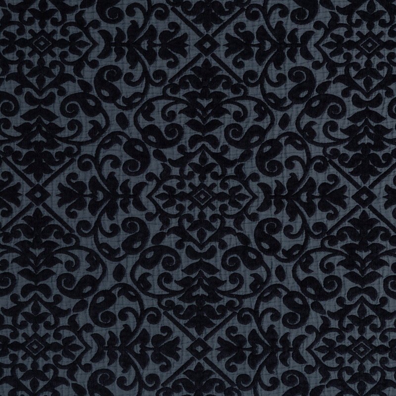 Vienna Coverlet | Slate | A closeup of Bella Notte's Vienna fabric in slate, a polished dusky dark blue.