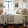An Austin coverlet on a bed, shown from the side. Other textures on the bed, such as lace, demonstrate how beautifully Austin pairs with our other collections.