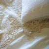 Frida Pillowcase (Single) | Close up of Frida lace detail in winter white pillow case and matching sheet, highlighting the antique cotton lace pattern - overhead view.