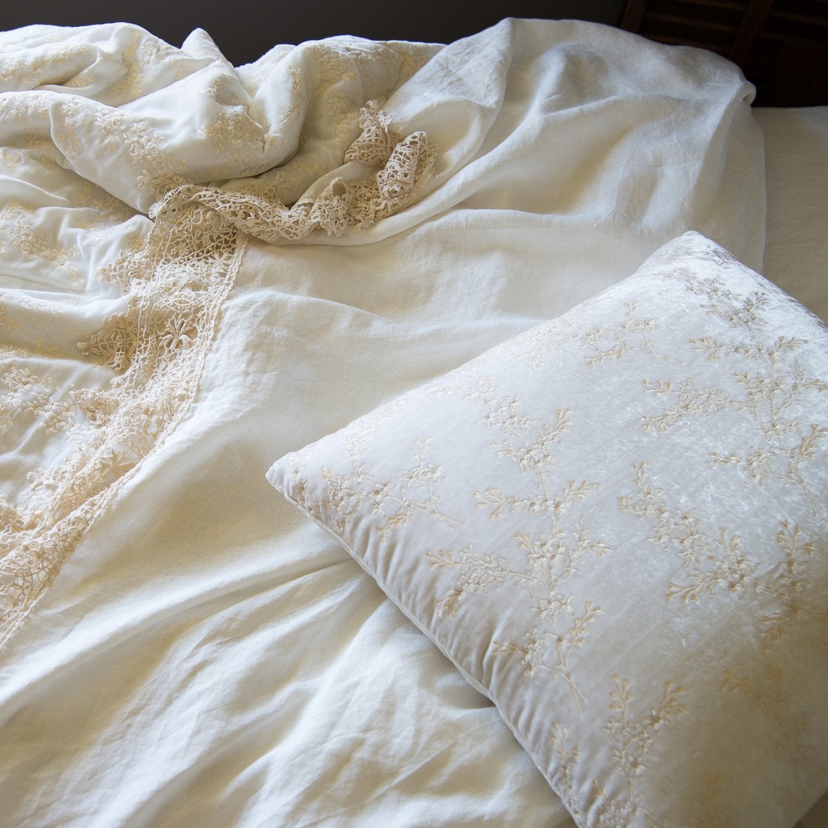 Lynette Sham | Lynette's gold embroidery in winter white beautifully complements our linen with cotton lace in the same hue - close-up overhead angle.