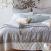 Ines Blanket | Ines throw blanket layered with mixed textures of charmeuse, quilted linen, and plain linen in soft grey, blue, pink and white tones - end of bed view.