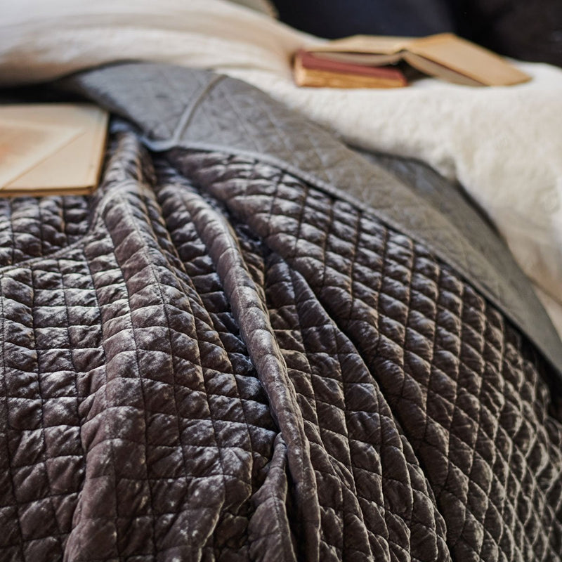 Moonlight | Close-up of Silk velvet quilted coverlet in moonlight, rumpled and pulled back to showcase the satin back.