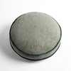 Adele Throw Pillow | Eucalyptus | Organic cotton damask round pillow with silk velvet trim on white background — overhead angle.