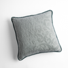 Adele Throw Pillow | Eucalyptus | Organic cotton damask square pillow with silk velvet trim on white background — overhead angle.