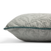 Adele Throw Pillow | Eucalyptus | Organic cotton damask square pillow with silk velvet trim on white background — side angle.