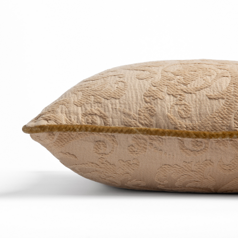 Adele Throw Pillow | Honeycomb | Organic cotton damask square pillow with silk velvet trim on white background — side angle.