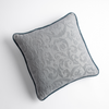 Adele Throw Pillow | Mineral | Organic cotton damask square pillow with silk velvet trim on white background — overhead angle.