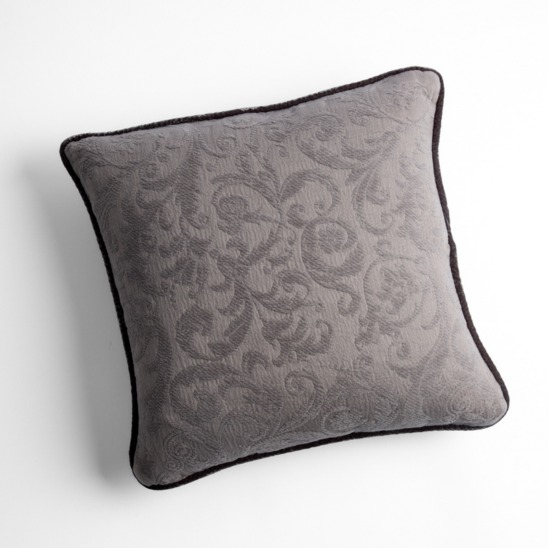 Adele Throw Pillow | Moonlight | Organic cotton damask square pillow with silk velvet trim on white background — overhead angle.