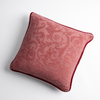 Adele Throw Pillow | Poppy | Organic cotton damask square pillow with silk velvet trim on white background — overhead angle.