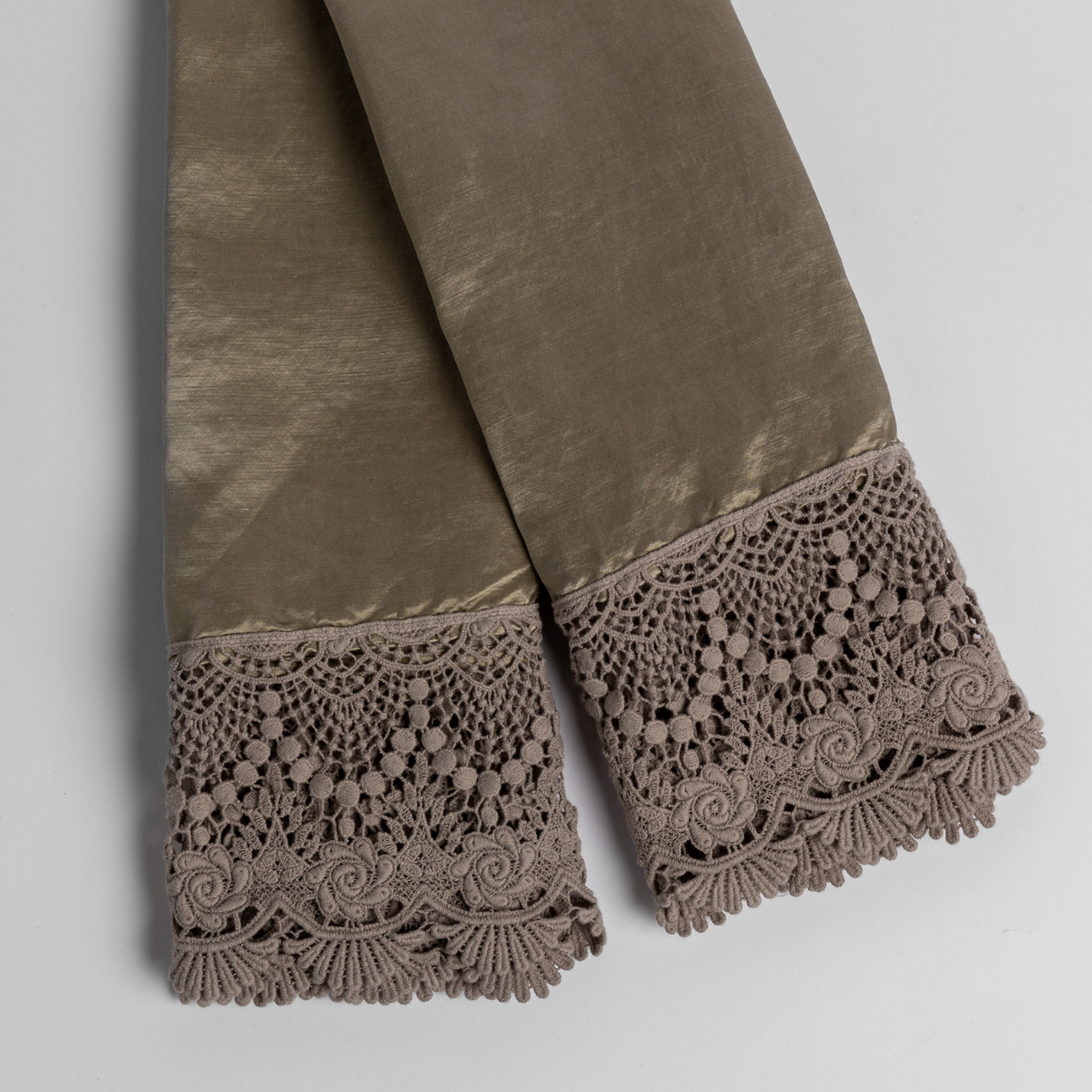 Paloma Pillowcase (Single) | Fog | charmeuse with mattine lace pillowcases folded and slightly overlapping, shot from overhead against a white background.