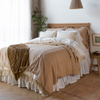 Ines Bedspread | Bedspread in honeycomb layered under a creamy ruffled duvet - close up angled view.