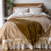 Ines Bedspread | A neutral toned bedroom all about texture, the embroidered bedspread is layered with rumpled linen, cotton lace, and gauzy ruffles.