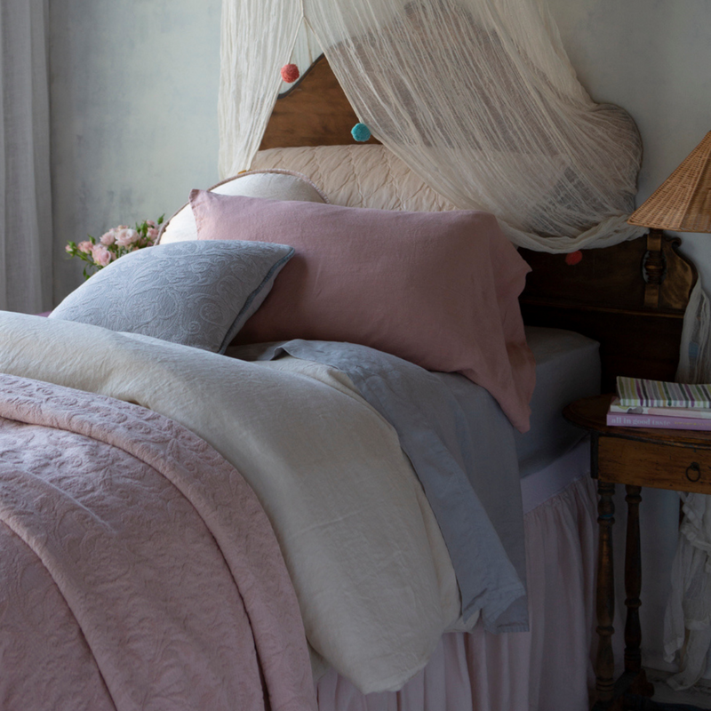 Linen Twin Fitted Sheets | Close up of fitted sheet in eucalyptus with contrasting linen flat sheet in parchment, highlighting texture of the linen.