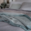 Cirillo Blanket | a close up of a quilted cotton sateen throw blanket rumpled and layered at the foot of a bed.