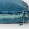 Harlow Sham | Cenote | Close-up of charmeuse gusset, raw-edge trim, and brass zipper detail  on cotton velvet sham - side view.