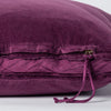 Harlow Sham | Fig | Close-up of charmeuse gusset, raw-edge trim, and brass zipper detail  on cotton velvet sham - side view.