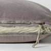 Harlow Sham | Fog | Close-up of charmeuse gusset, raw-edge trim, and brass zipper detail  on cotton velvet sham - side view.