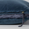 Harlow Throw Pillow | Midnight | Close-up of charmeuse gusset, raw-edge trim, and brass zipper detail on Harlow pillow - side view.