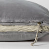 Harlow Sham | Moonlight | Close-up of charmeuse gusset, raw-edge trim, and brass zipper detail  on cotton velvet sham - side view.