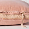 Harlow Sham | Rouge | Close-up of charmeuse gusset, raw-edge trim, and brass zipper detail  on cotton velvet sham - side view.