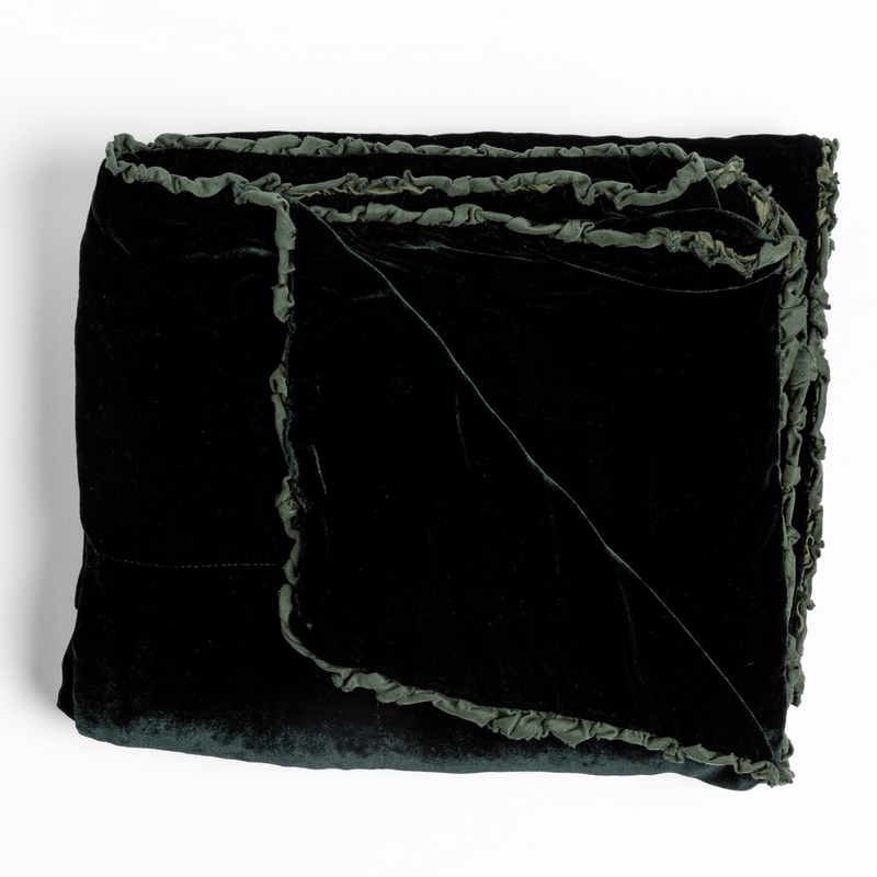 Carmen Blanket | Junper | silk velvet unfilled throw blanket with a petit charmeuse ruffle trim, overhead on a white background.