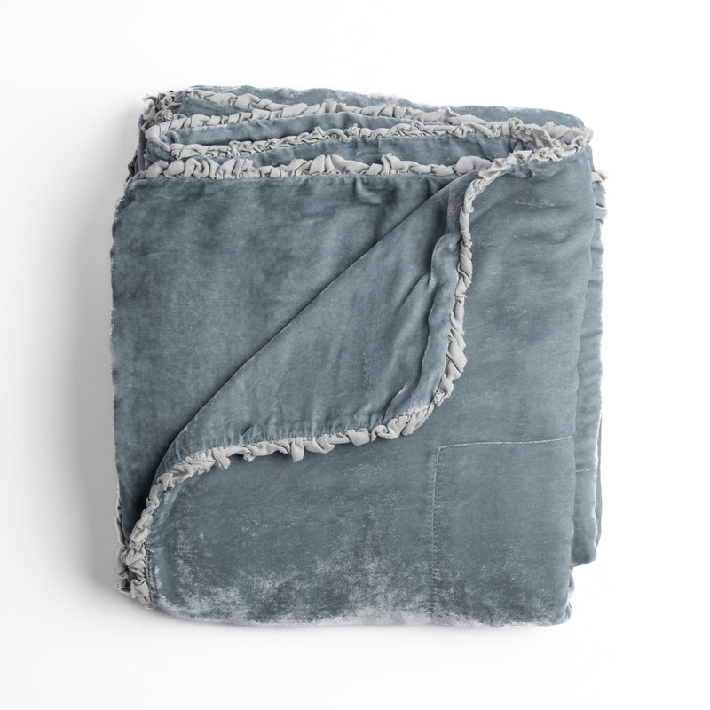 Carmen Blanket | Cloud | silk velvet unfilled throw blanket with a petite charmeuse ruffle trim, overhead on a white background.
