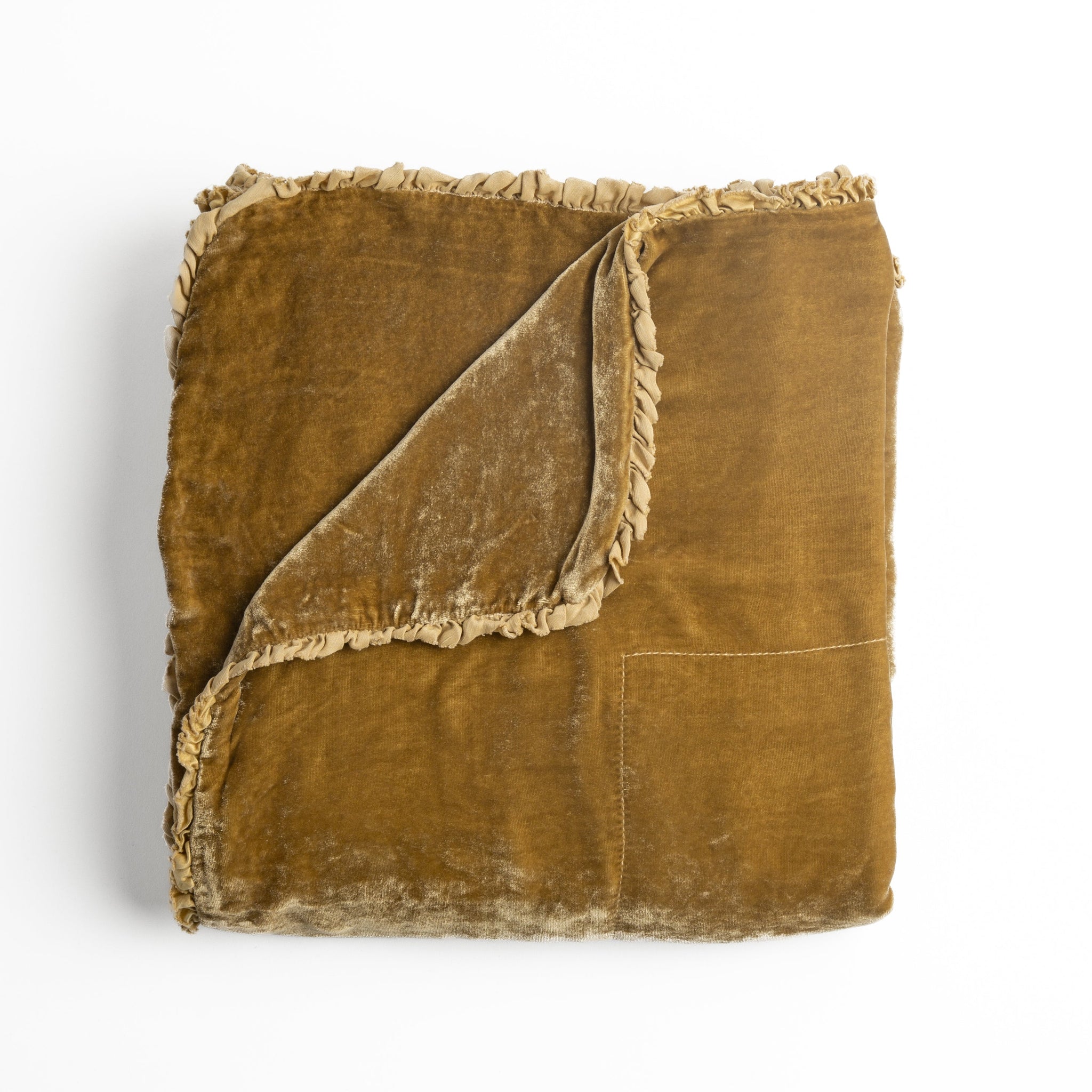 Carmen Blanket | Honeycomb | silk velvet unfilled throw blanket with a petite charmeuse ruffle trim, overhead on a white background.