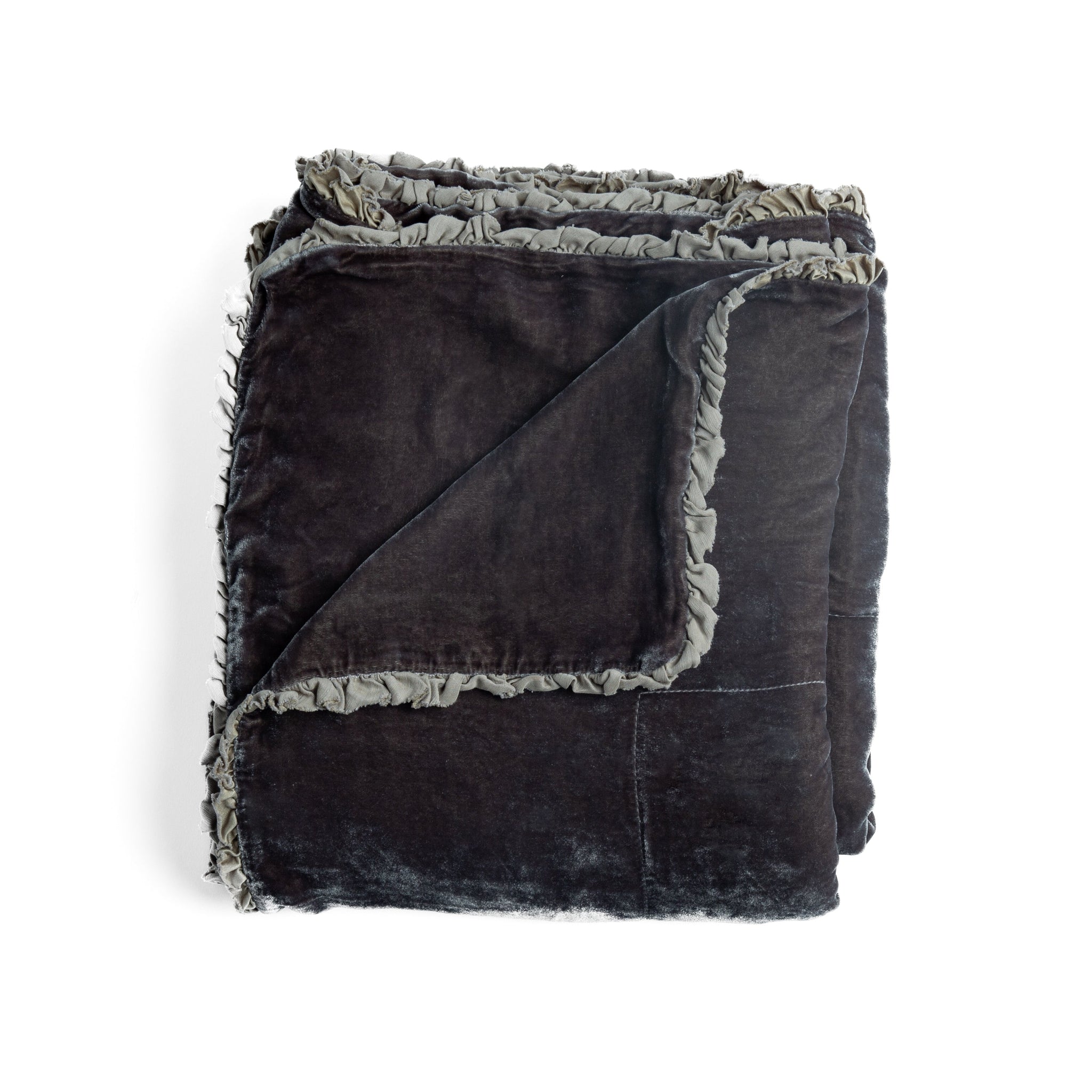 Carmen Blanket | Moonlight | silk velvet unfilled throw blanket with a petite charmeuse ruffle trim, overhead on a white background.
