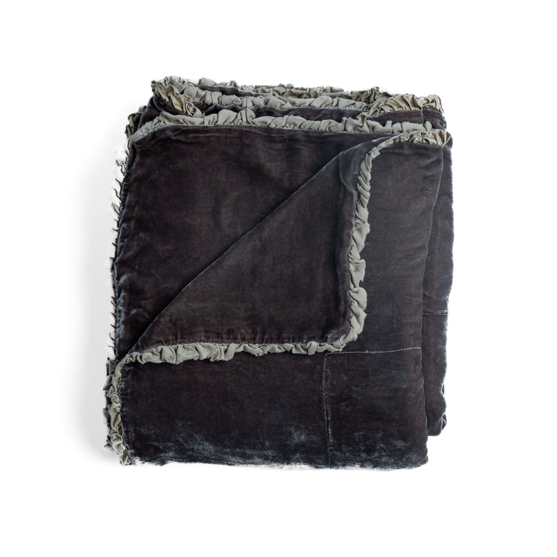 Carmen Blanket | Moonlight | silk velvet unfilled throw blanket with a petite charmeuse ruffle trim, overhead on a white background.