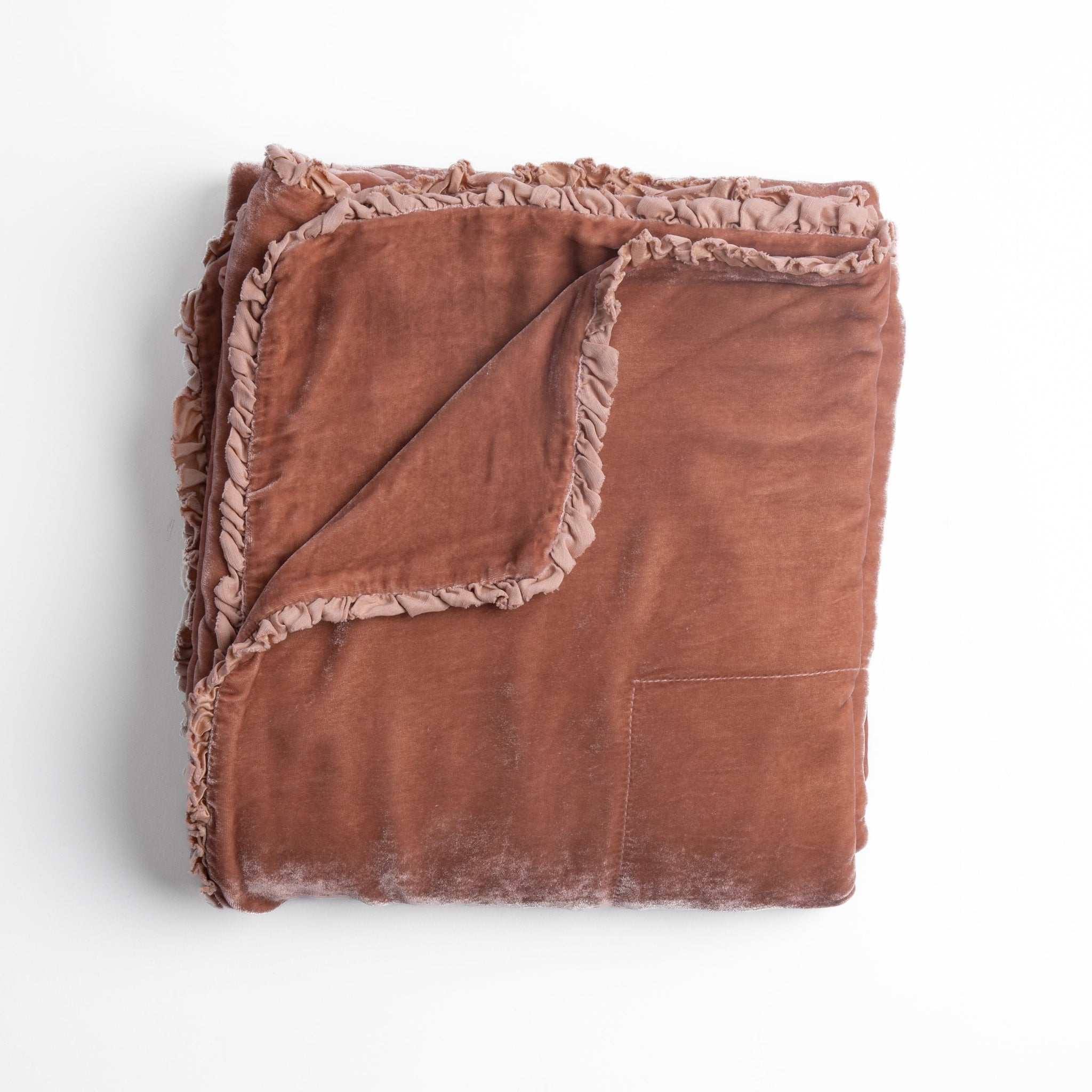 Carmen Blanket | Rouge | silk velvet unfilled throw blanket with a petite charmeuse ruffle trim, overhead on a white background.