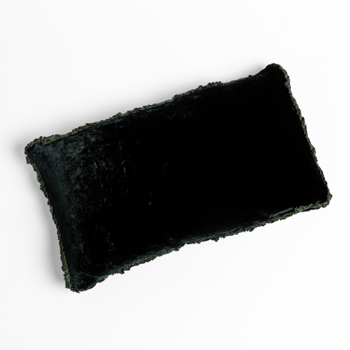 Carmen Throw Pillow | Juniper | silk velvet throw pillow with charmeuse trim shot overhead against a white background.