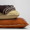 Carmen Blanket | silk velvet throw pillows and throw blanket on a white background, trim details are visible.