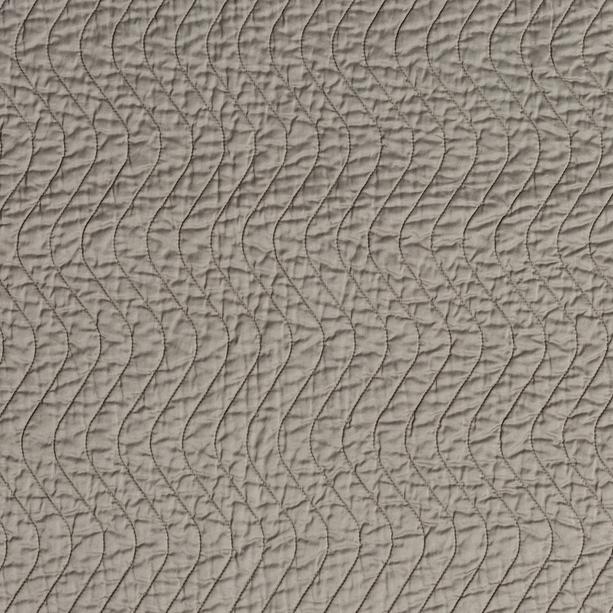 Cirillo Swatch Card | Fog | A close up of quilted cotton sateen fabric in fog, a neutral-warm, soft mid-tone grey.