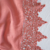 Frida Pillowcase (Single) | Poppy | A close up of Frida, an antique cotton lace trim on a linen body, shown in poppy, a warm coral pink.