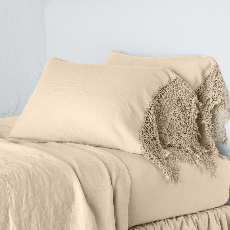 Linen Pillowcase (Single) | Honeycomb | lace trimmed pillowcases shown with monochromatic bedding - side view.