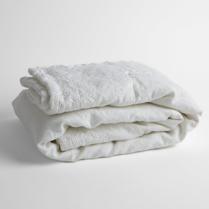 Ines Baby Blanket | White | embroidered linen baby blanket folded and shown  overhead from a slight angle against a white background.