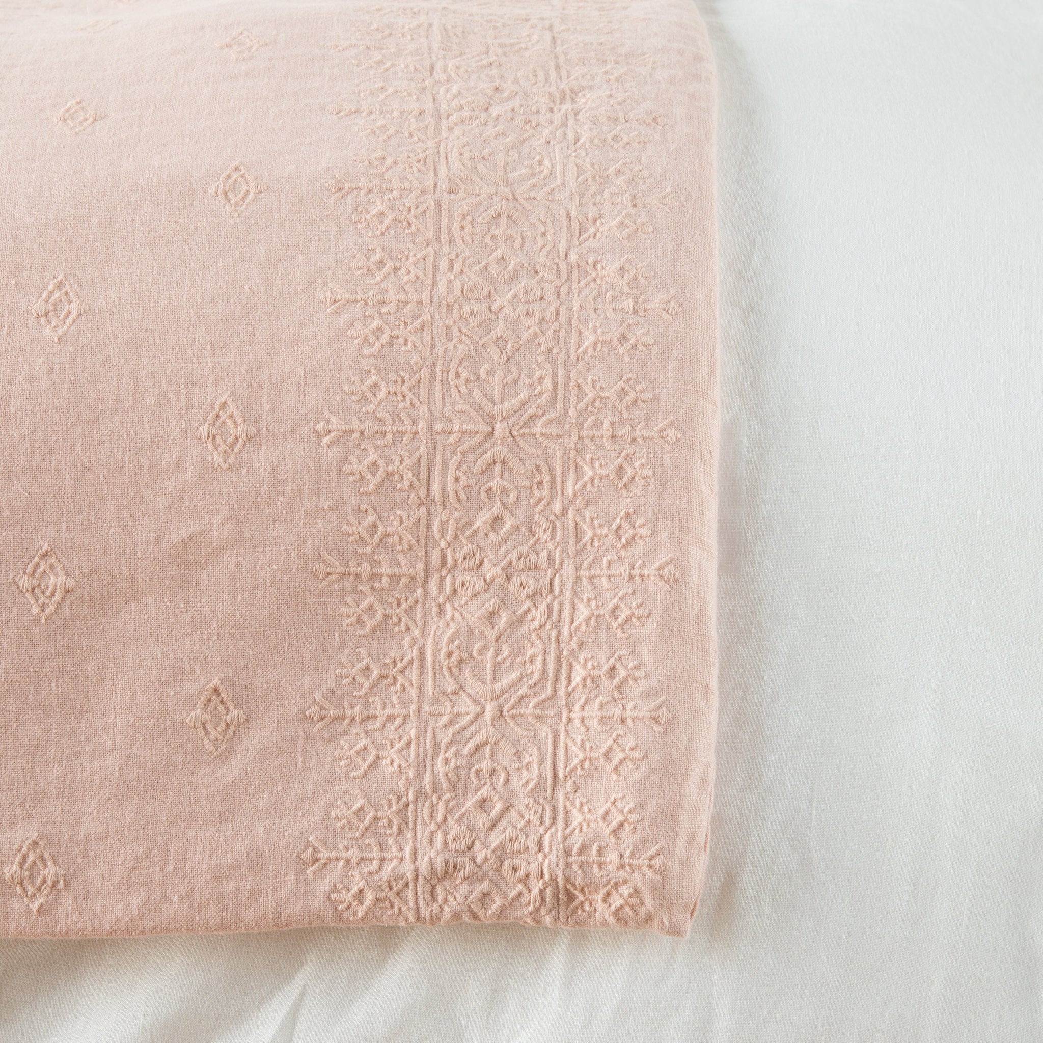 Ines Blanket | Rouge | Close-up of corner against a white background, showcasing embroidery pattern detail - overhead view.