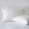 Ines Sham | Winter White | two shams leaning upright and one laying flat at an angle, against a white background.