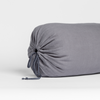 Linen Throw Pillow | French Lavender | end of the bolster shown cinched closed with satin ties against a white background.
