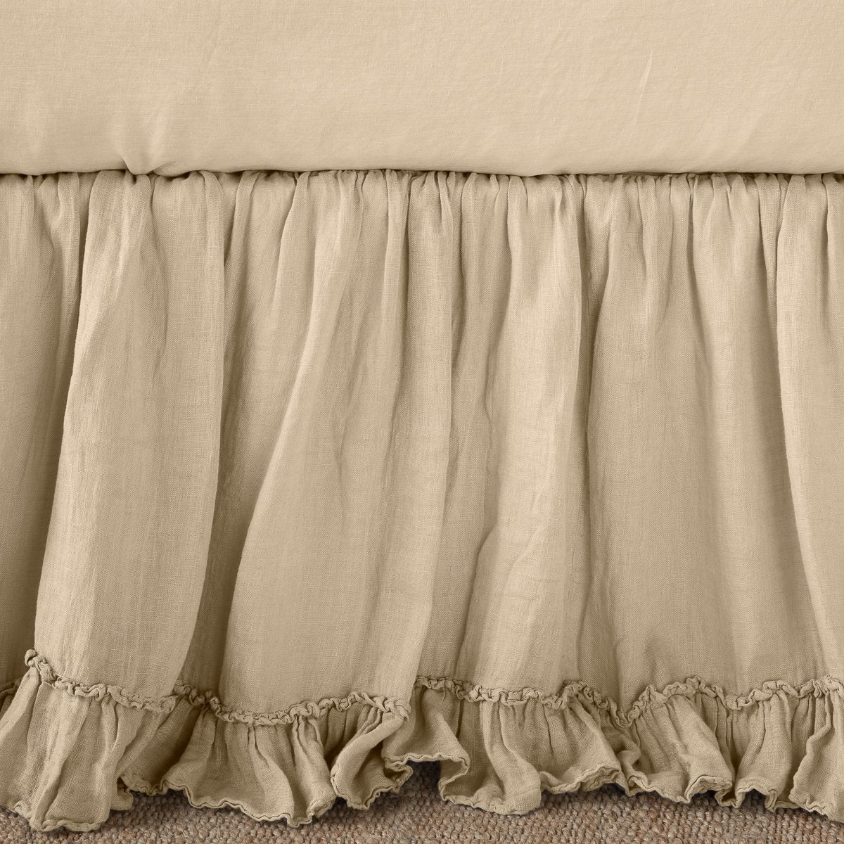 Linen Whisper Bed Skirt | Honeycomb | Close up of bed skirt, showcasing ruffle detail - side view.