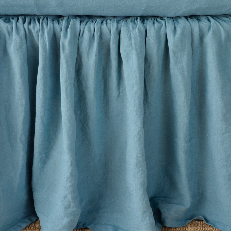 Linen Twin Bed Skirt | Cenote | Close-up of bed skirt, featuring its softly gathered design.