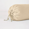 Linen Throw Pillow | Honeycomb | Close-up bolster end detail, angled view to show gathered closure and satin ties.