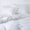 Linen duvet cover in white, partially folded back on a bed with matching sheets and shams on a plain background - cropped end of bed view.
